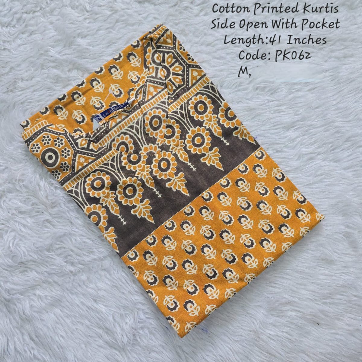 Yellow Cotton Printed  Side Open  Kurtis - PK062