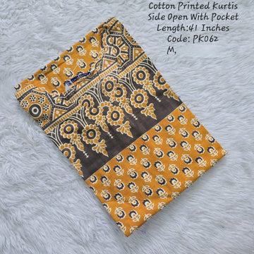 Yellow Cotton Printed  Side Open  Kurtis - PK062