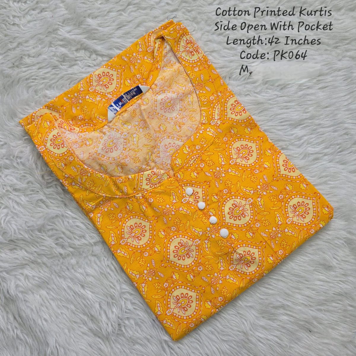 Yellow Cotton Printed  Side Open  Kurtis - PK064