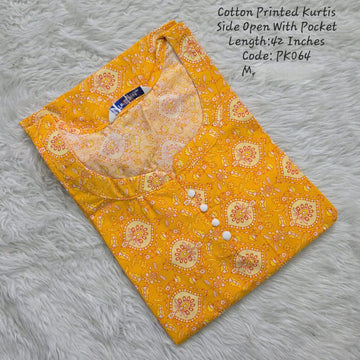 Yellow Cotton Printed  Side Open  Kurtis - PK064