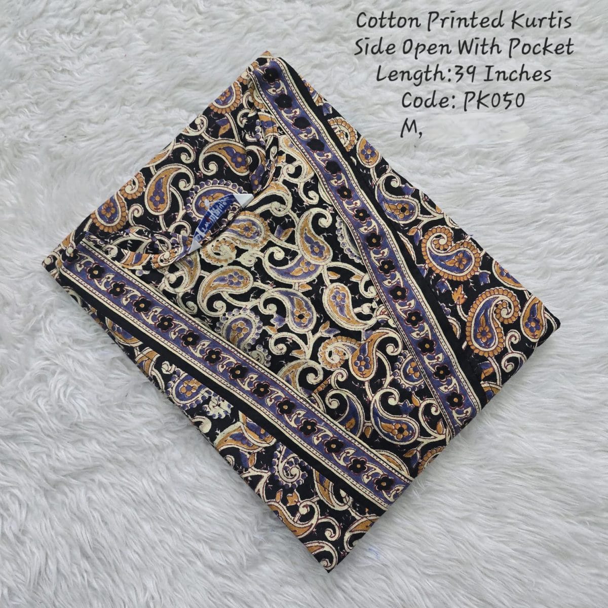 Black Cotton Printed  Side Open  Kurtis - PK050