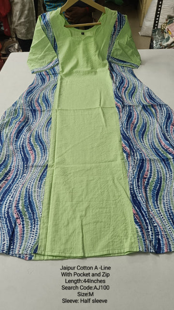 Green Jaipur Cotton A-Line Kurtis - AJ100