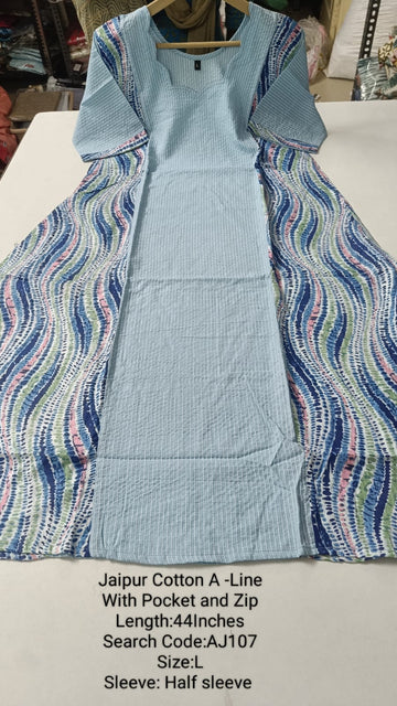 Blue Jaipur Cotton A-Line Kurtis - AJ107