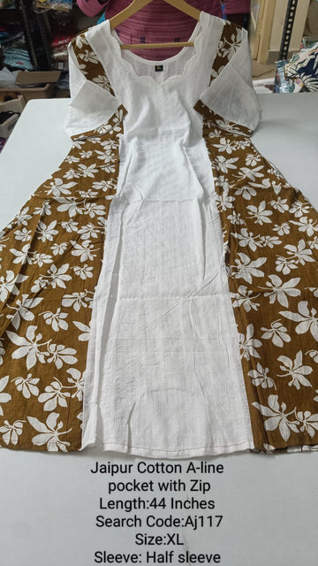White Jaipur Cotton A-Line Kurtis - AJ118