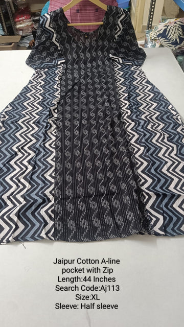 Black Jaipur Cotton A-Line Kurtis - AJ113