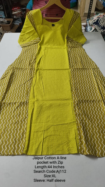 Dark Pista Green Jaipur Cotton A-Line Kurtis - AJ112