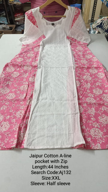 White Jaipur Cotton A-Line Kurtis - AJ132