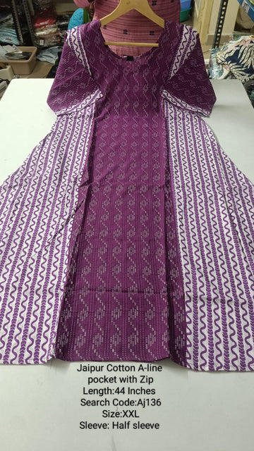 Purple Jaipur Cotton A-Line Kurtis - AJ135