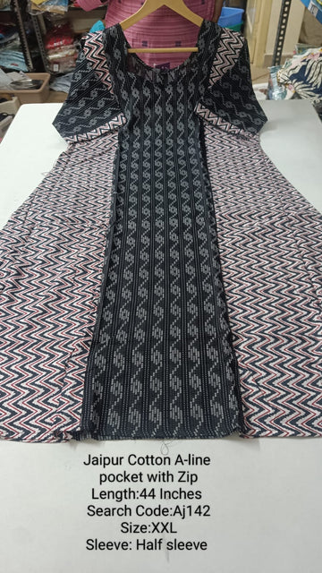 Black Jaipur Cotton A-Line Kurtis - AJ142