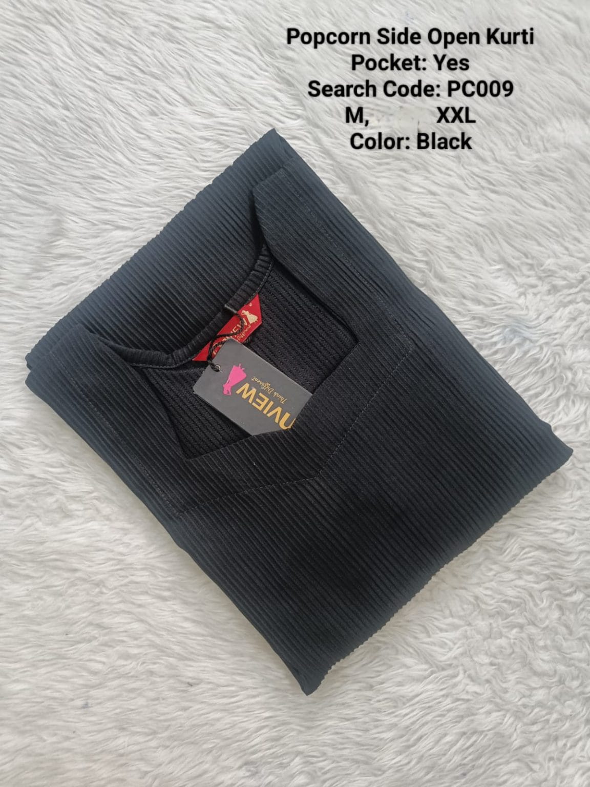 Black Daily Wear Popcorn Side Open Kurtis -  PC009