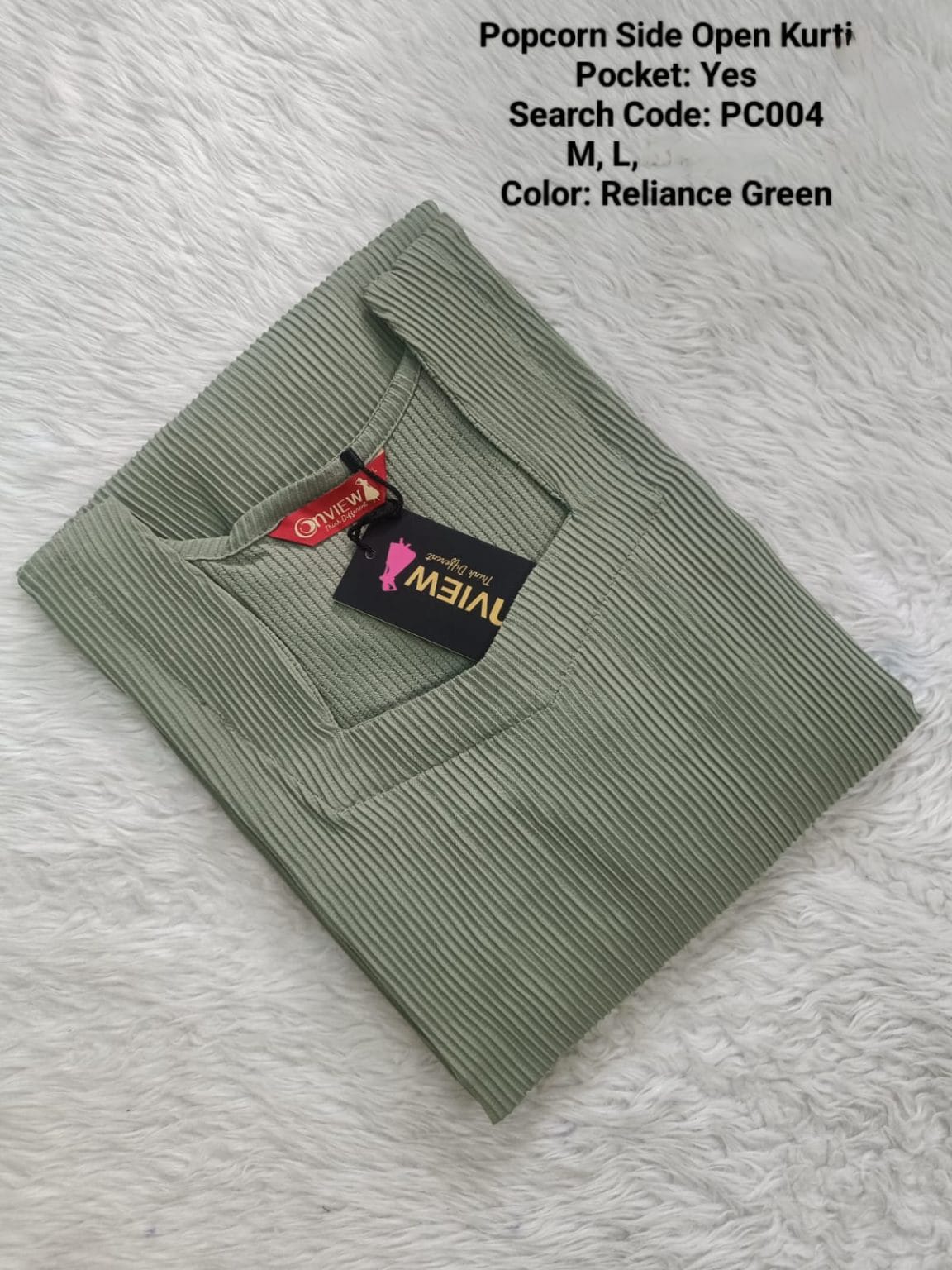 Reliance Green Daily Wear Popcorn Side Open Kurtis -  PC004