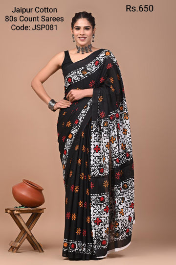 Black Jaipur Cotton 80's Count Saree -JSP081