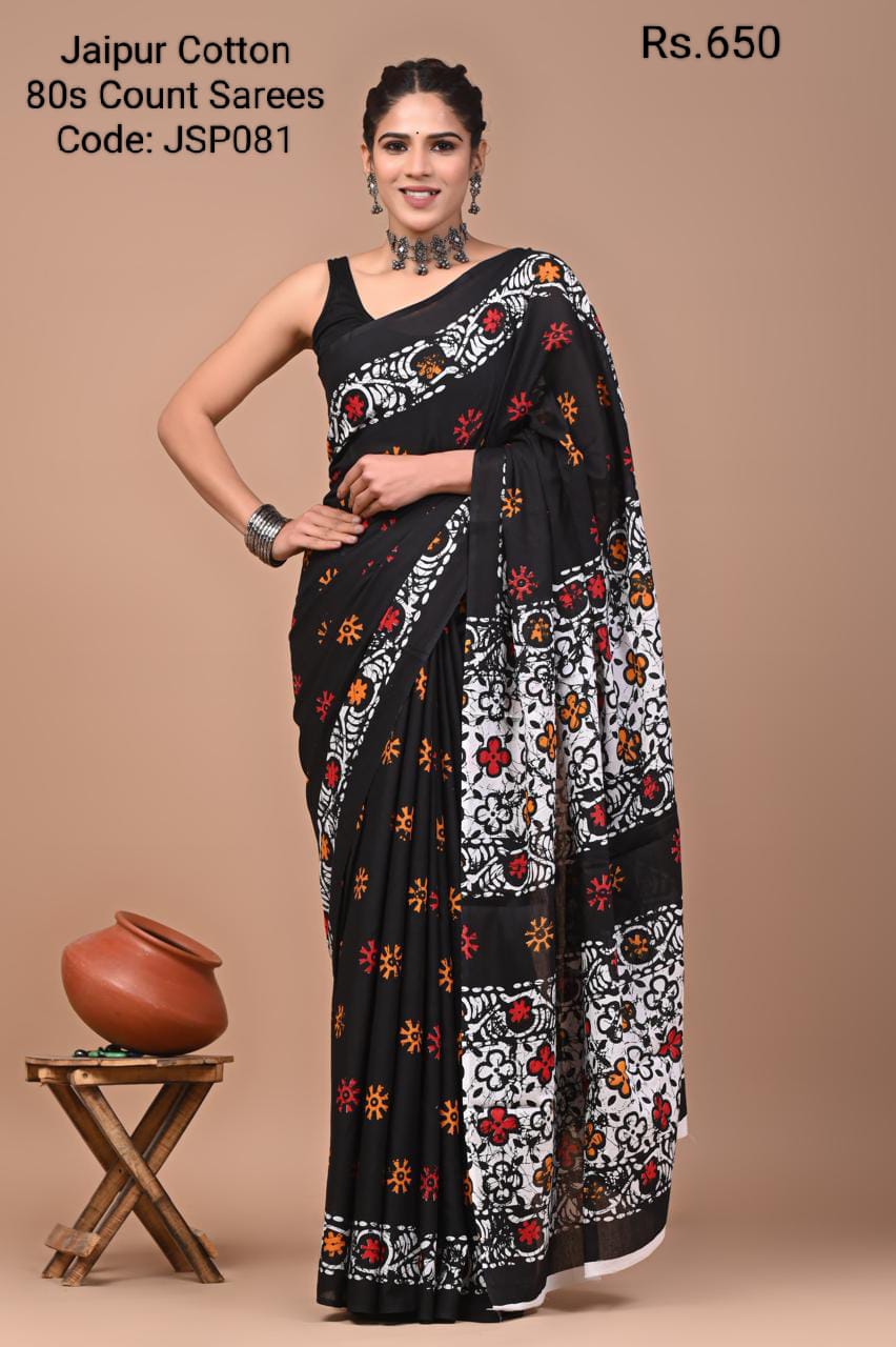 Black Jaipur Cotton 80's Count Saree -JSP081