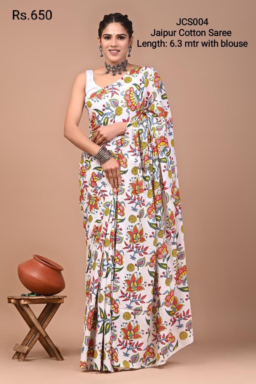 White Jaipur Cotton 80's Count Saree -JCS004