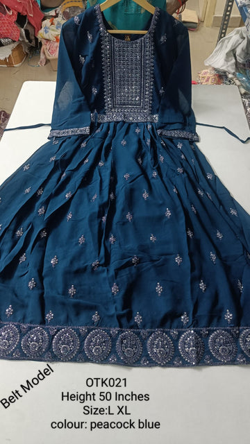 Peacock Blue Georgette Maxi Gown - OTK021