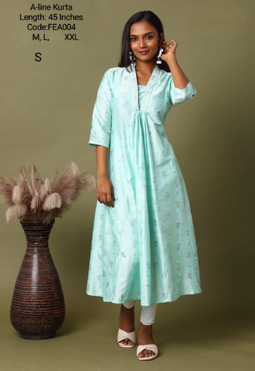 Light Green V Neck Silk Cotton Embroidery Alone - FEA004