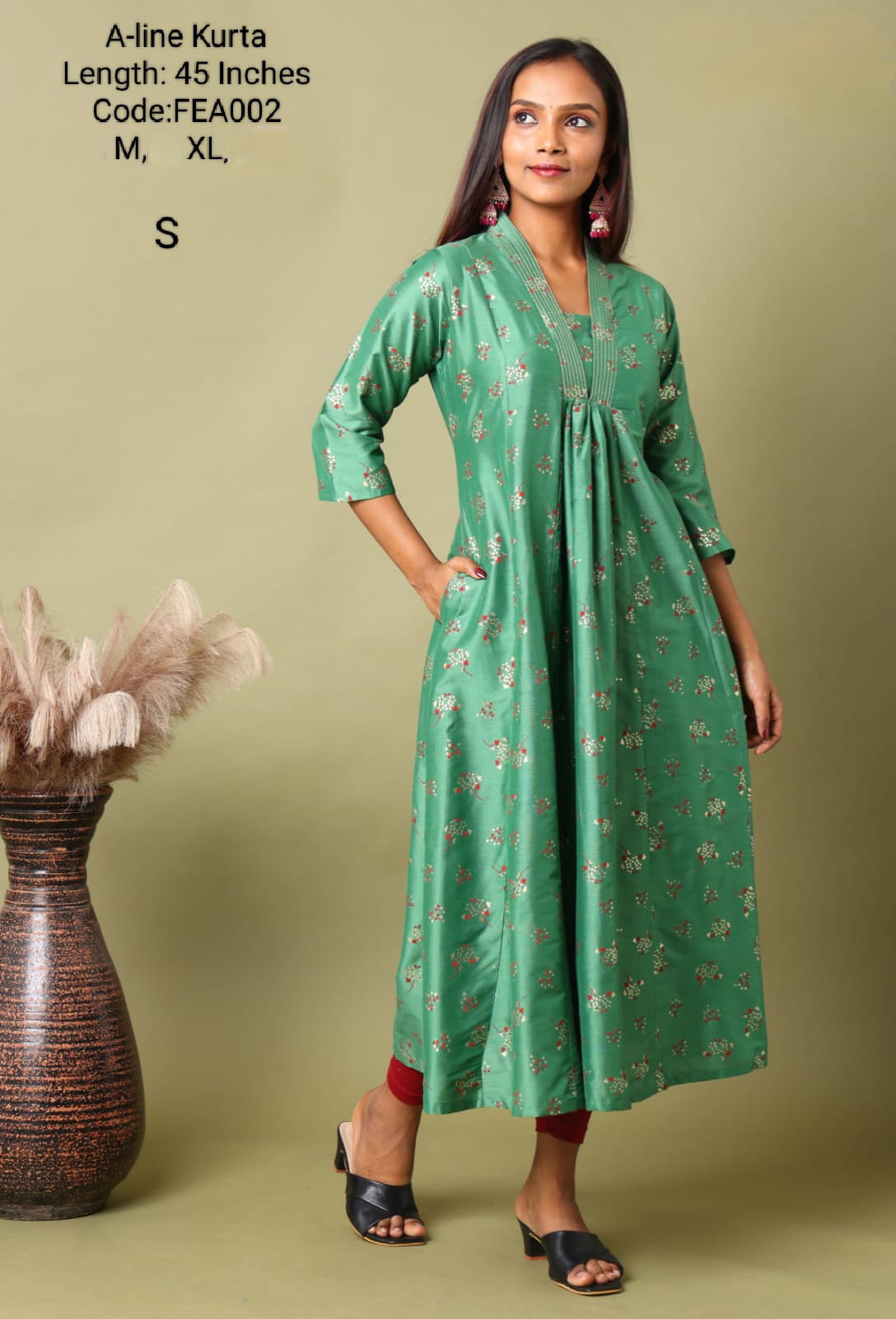 Green V Neck Silk Cotton Embroidery Alone - FEA002