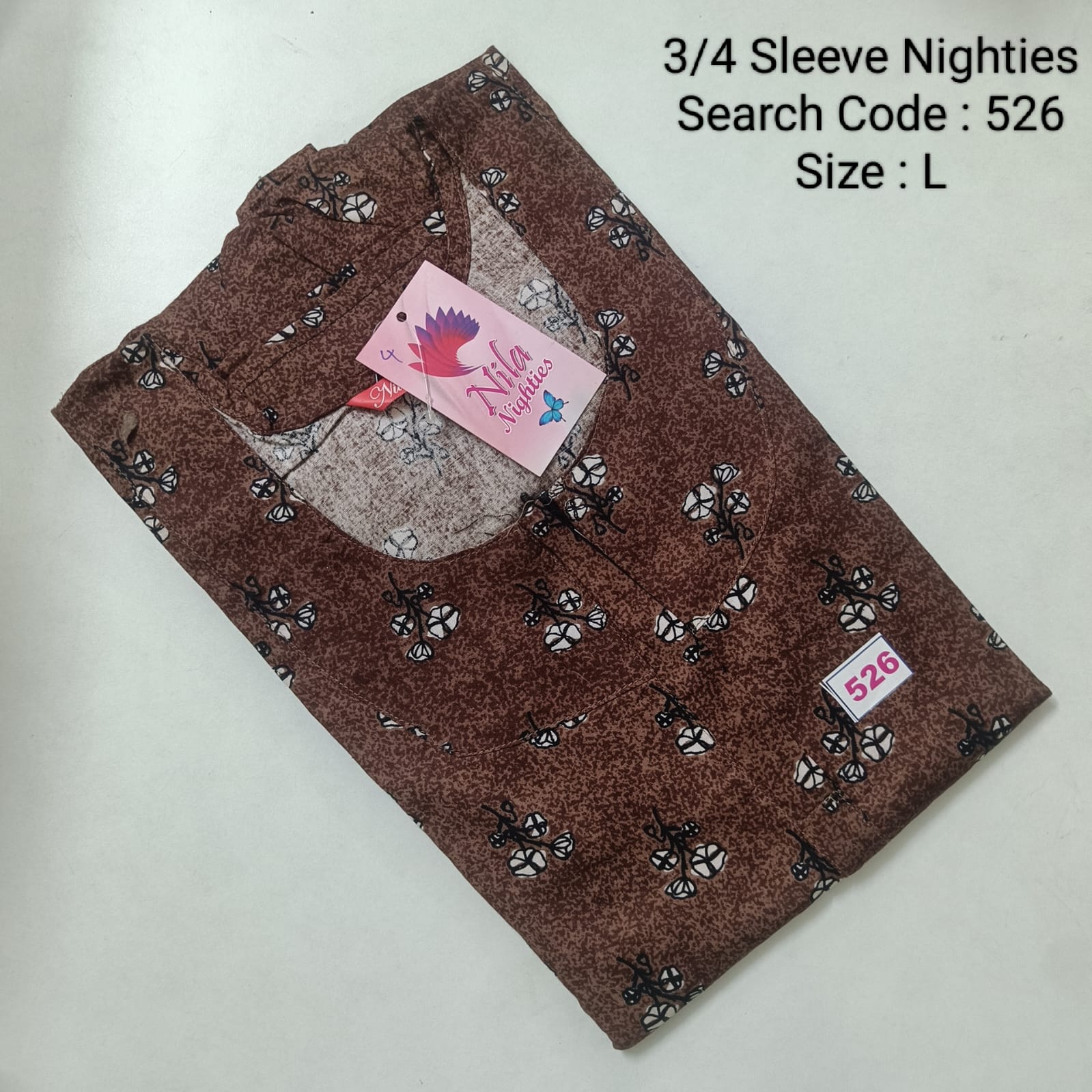 Brown Cotton Nila 3/4 Sleeve Model Nighties - 526