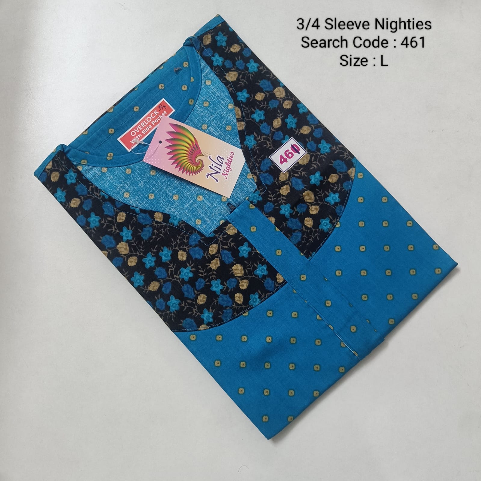 Blue Cotton Nila 3/4 Sleeve Model Nighties -461