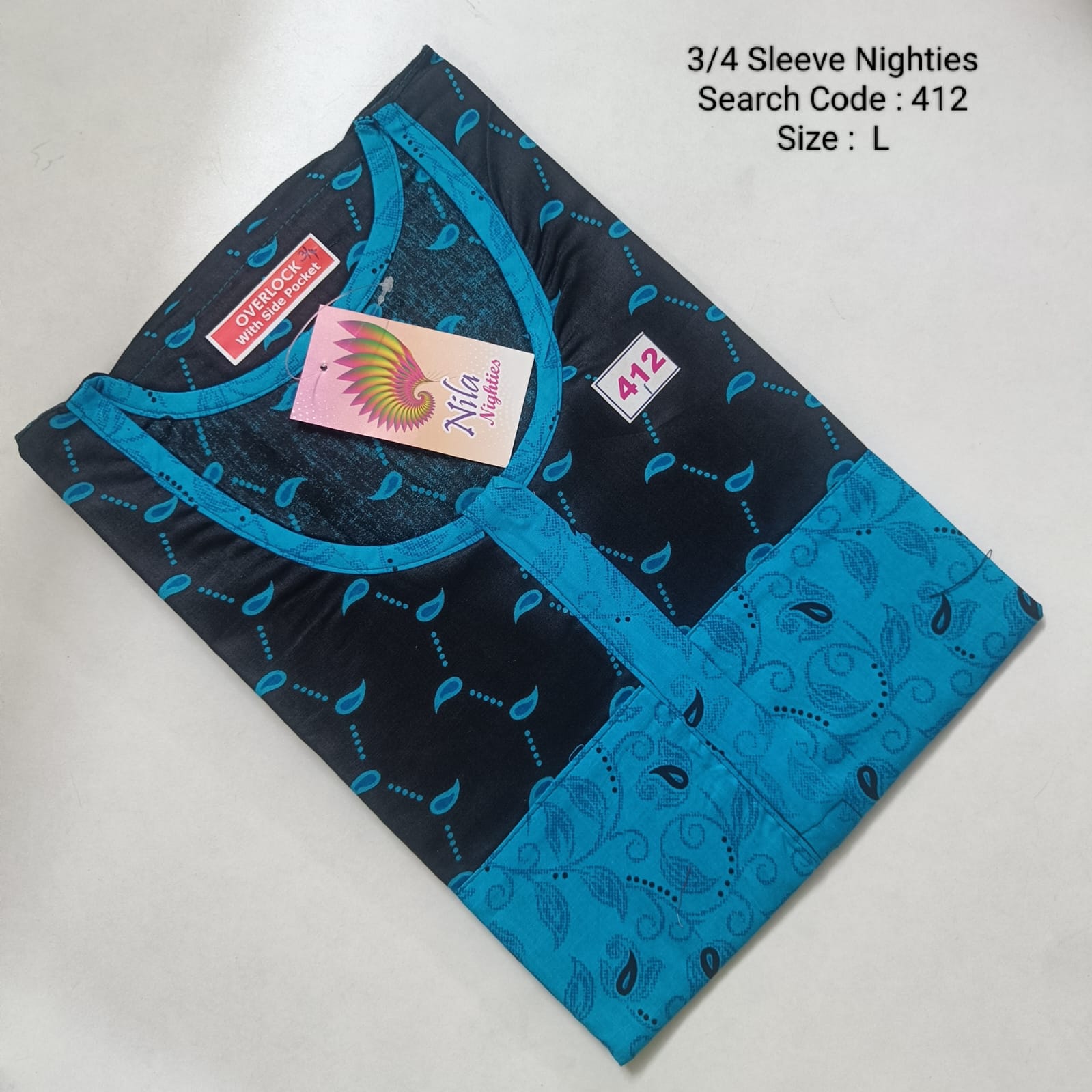 Blue Cotton Nila 3/4 Sleeve Model Nighties -412
