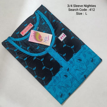 Blue Cotton Nila 3/4 Sleeve Model Nighties -412