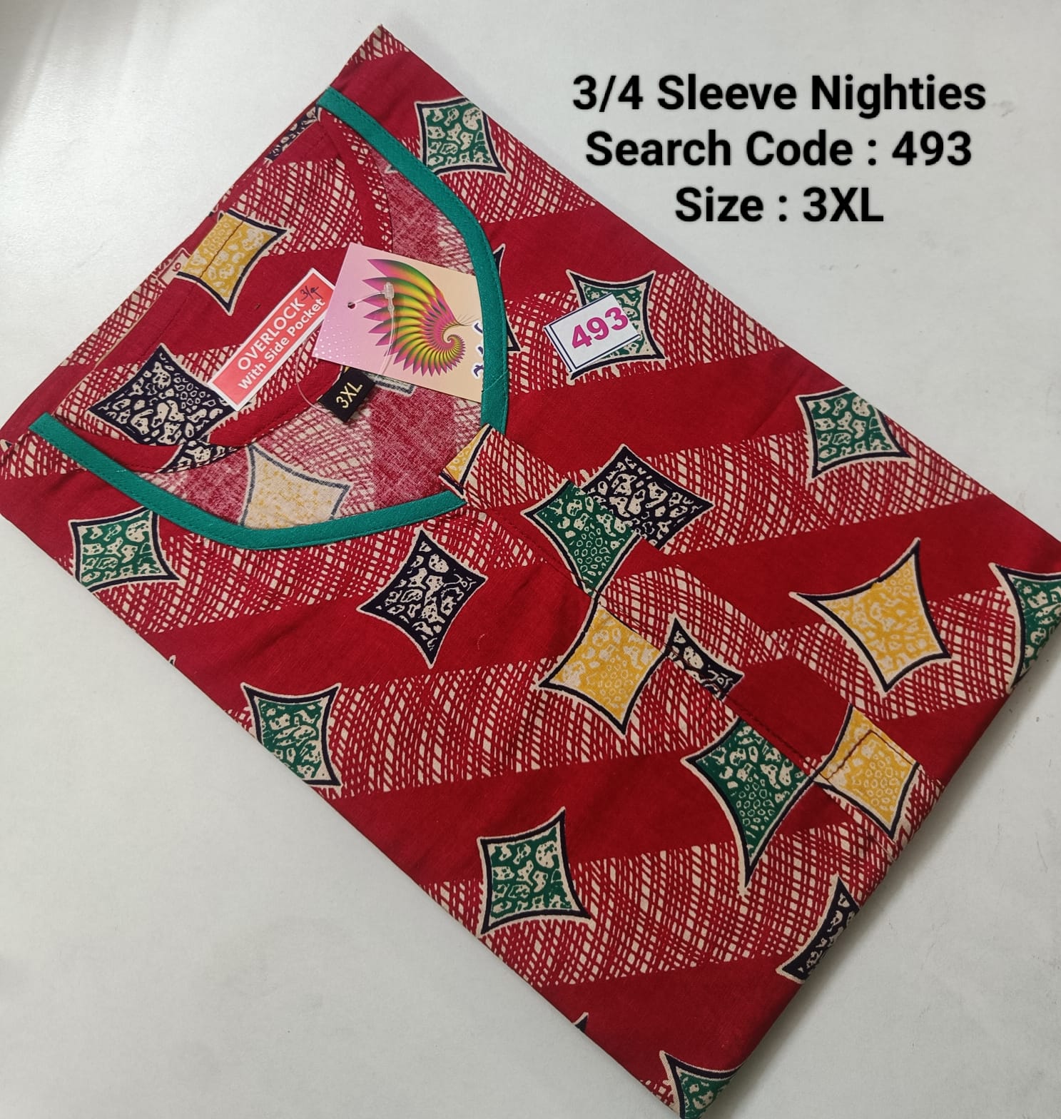 Red Cotton Nila 3/4 Sleeve Model Nighties -493