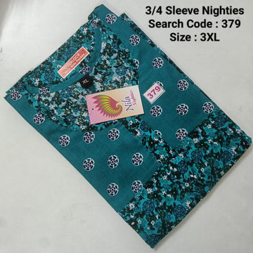 Green Cotton Nila 3/4 Sleeve Model Nighties -379