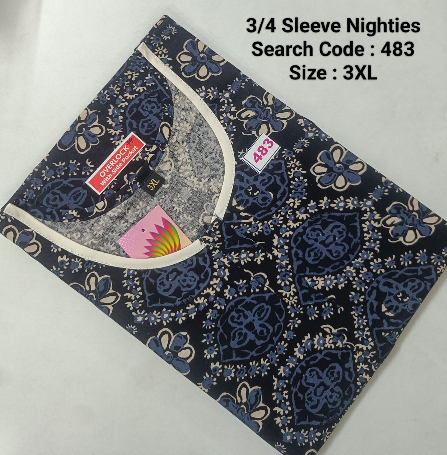Blue Cotton Nila 3/4 Sleeve Model Nighties -483