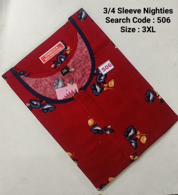 Red Cotton Nila 3/4 Sleeve Model Nighties -506