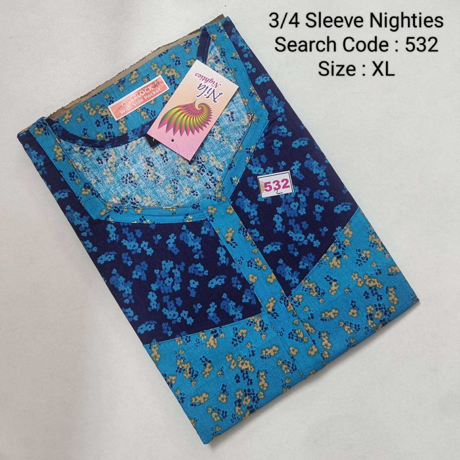 Blue Cotton Nila 3/4 Sleeve Model Nighties  - 532