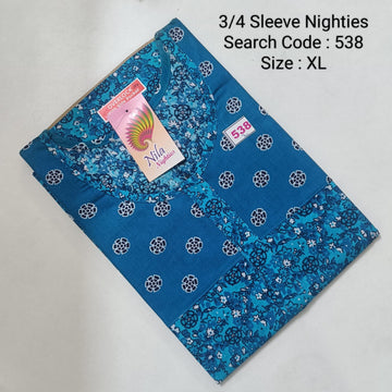 Blue Cotton Nila 3/4 Sleeve Model Nighties  - 538