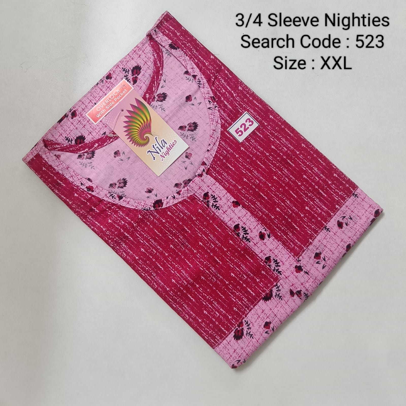 Pink Cotton Nila 3/4 Sleeve Model Nighties  - 523