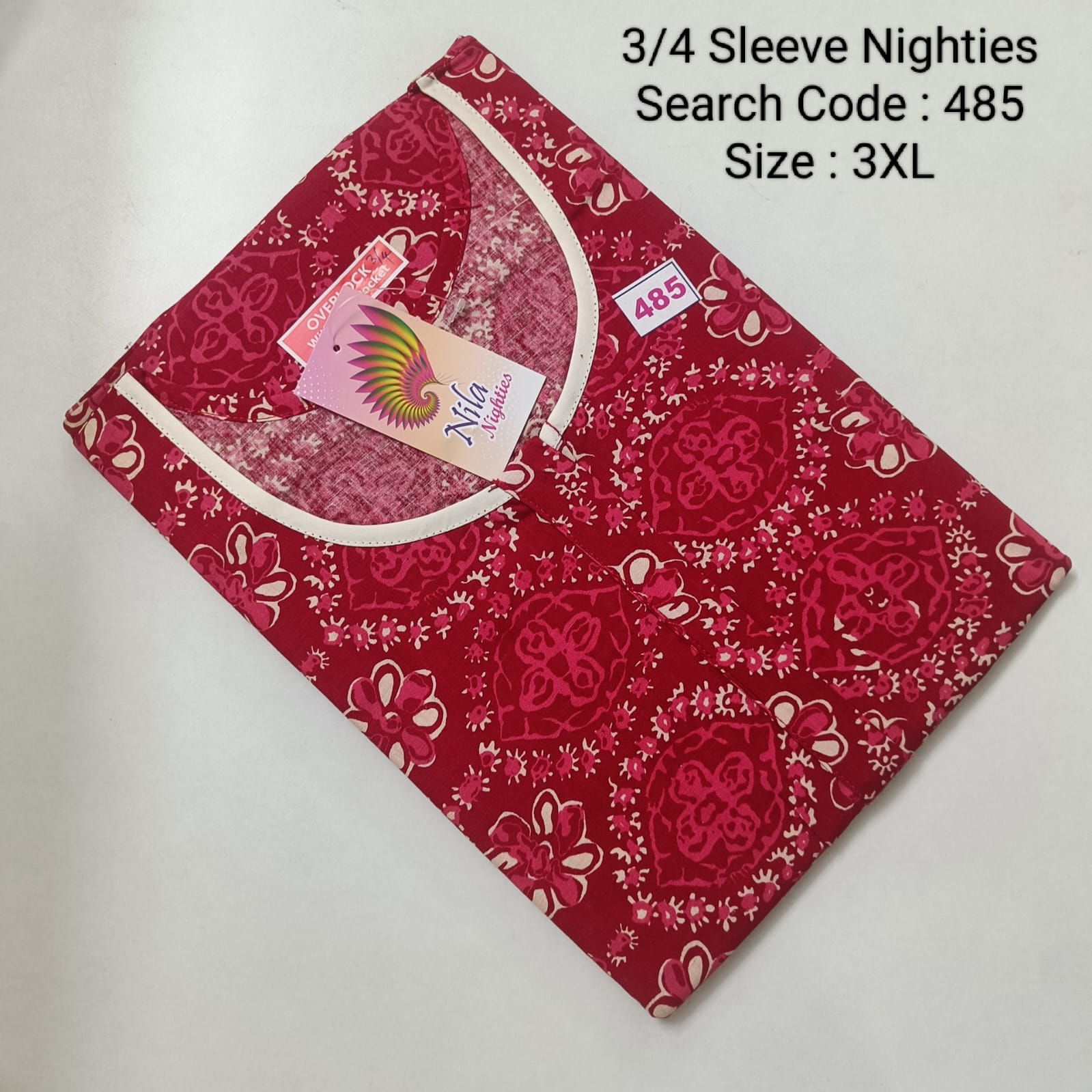 Red Cotton Nila 3/4 Sleeve Model Nighties  - 485