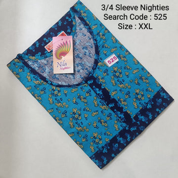 Blue Cotton Nila 3/4 Sleeve Model Nighties  - 525