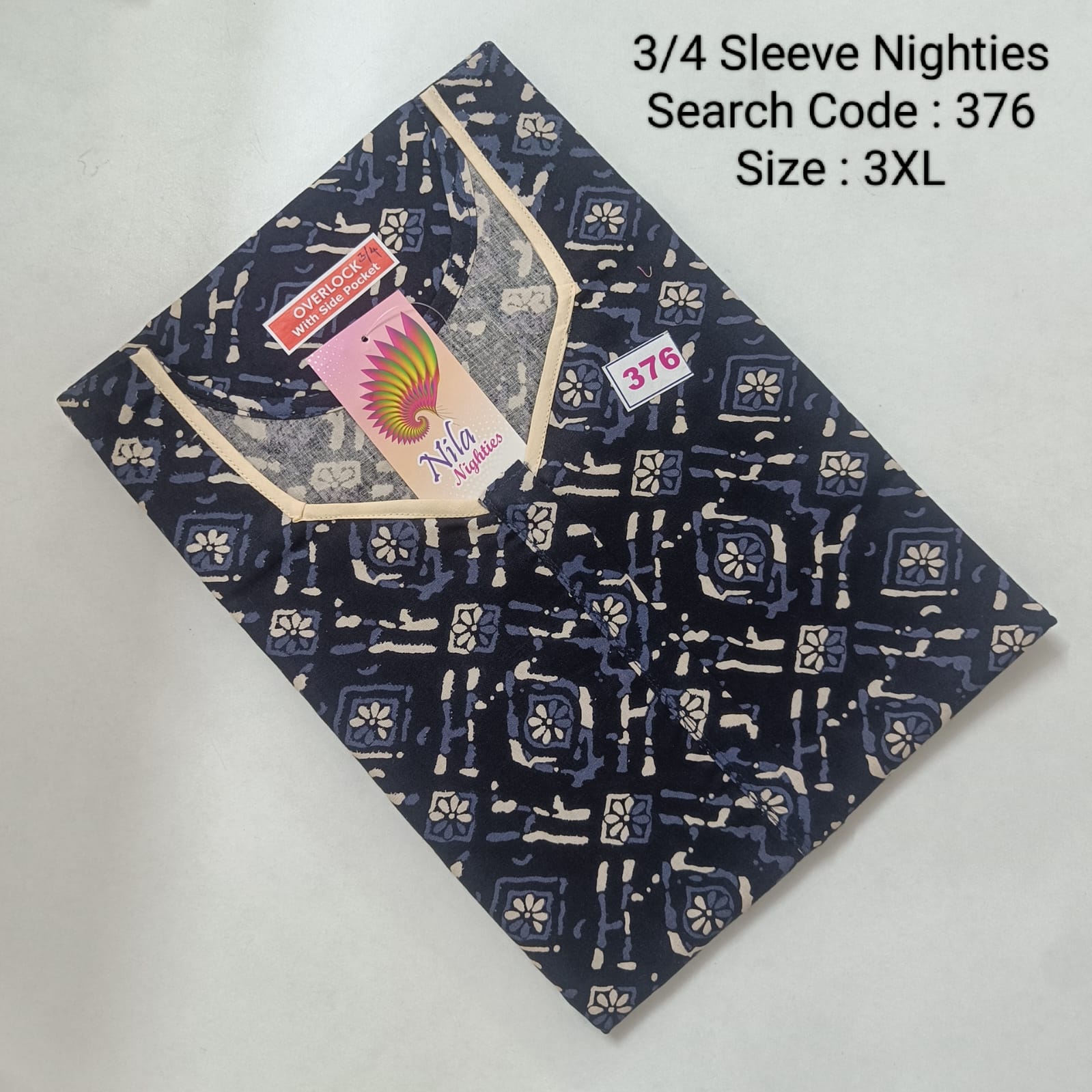 Blue Cotton Nila 3/4 Sleeve Model Nighties  - 376