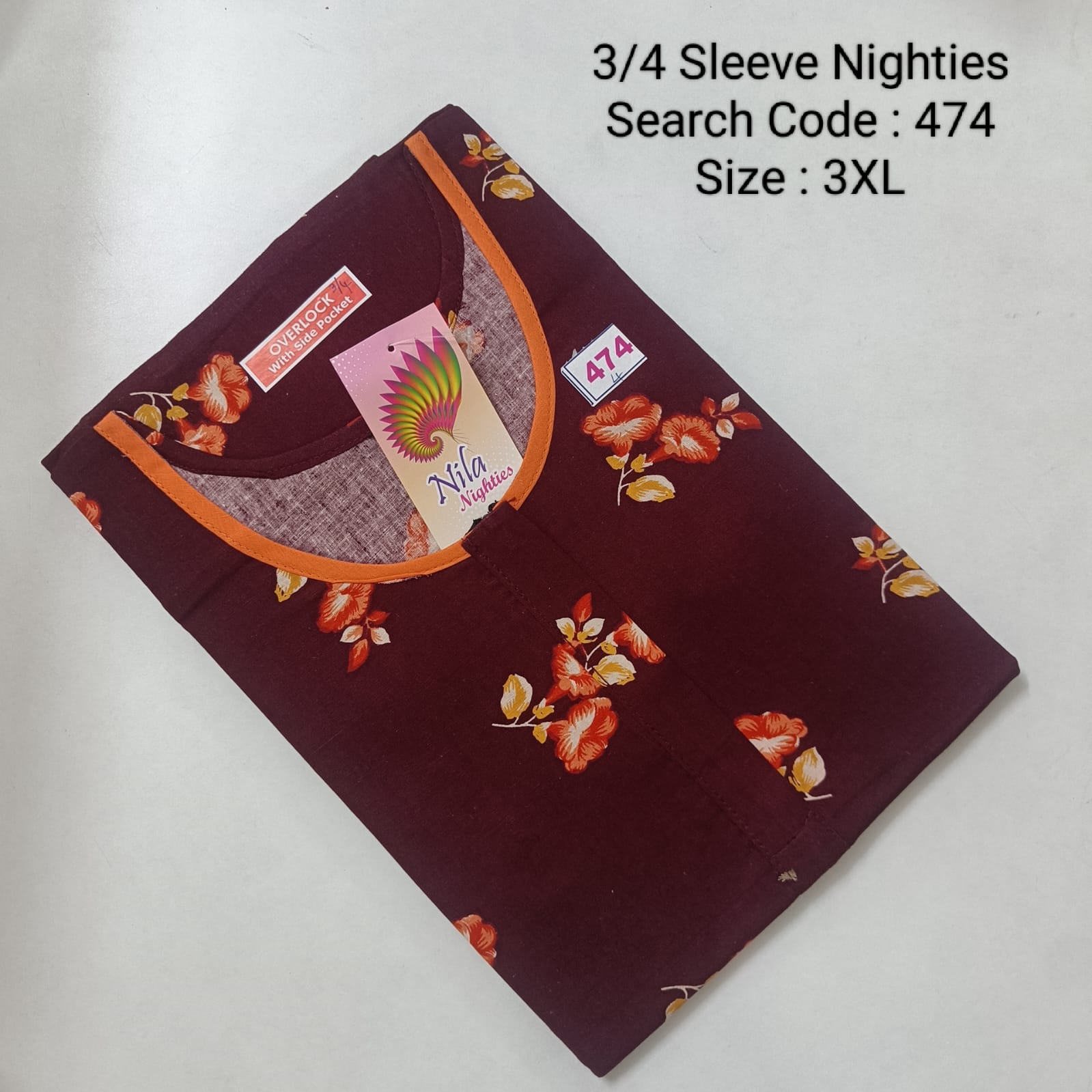 Maroon Cotton Nila 3/4 Sleeve Model Nighties  - 474