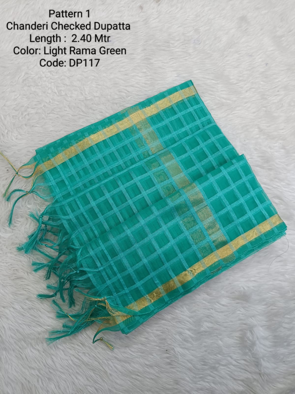 Light Rama Green Chanderi Checked Net Dupatta - DP117