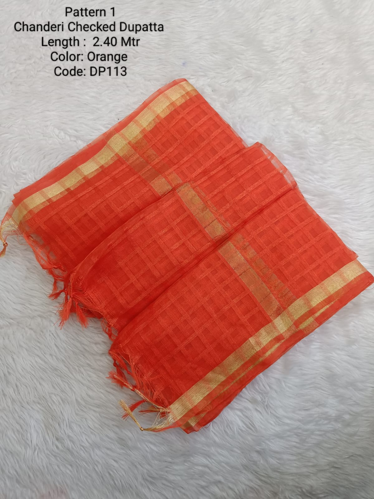 Orange Chanderi Checked Net Dupatta - DP113