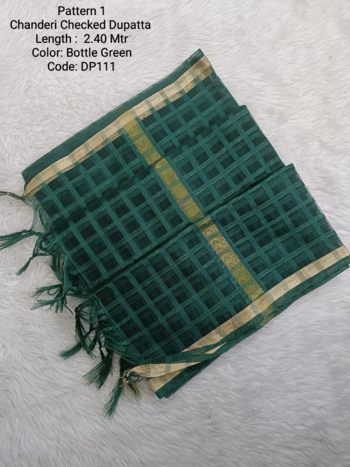 Bottle Green Chanderi Checked Net Dupatta - DP111