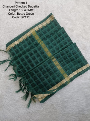 Bottle Green Chanderi Checked Net Dupatta - DP111