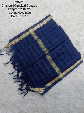 Navy Blue Chanderi Checked Net Dupatta - DP110