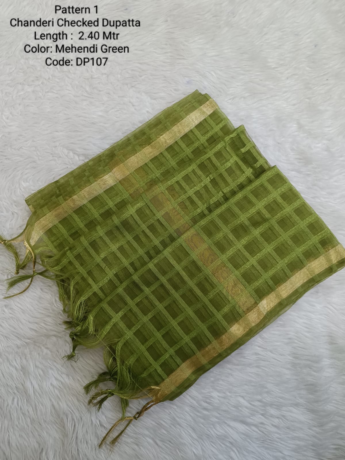 Mehandi Green Chanderi Checked Net Dupatta - DP107