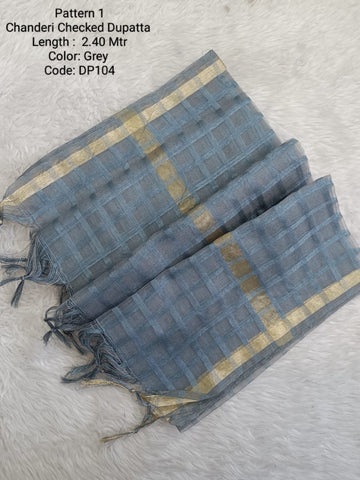 Grey Chanderi Checked Net Dupatta - DP104