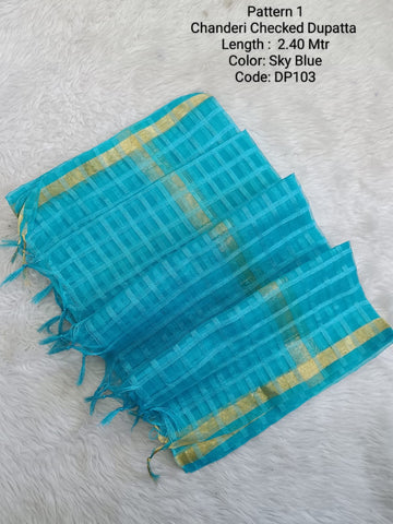 Sky Blue Chanderi Checked Net Dupatta - DP103