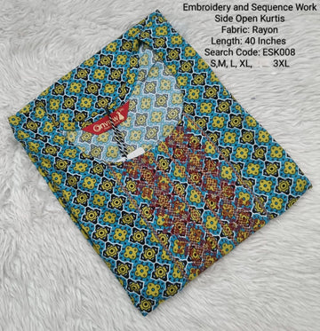 Green Embroidery & Sequence Side open Kurtis -ESK008