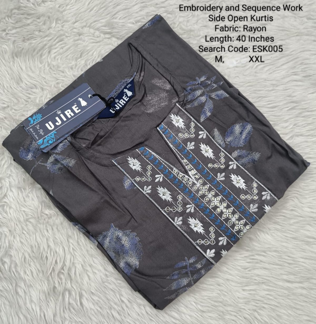 Grey Embroidery & Sequence Side open Kurtis -ESK005