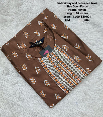 Brown Embroidery & Sequence Side open Kurtis -ESK001