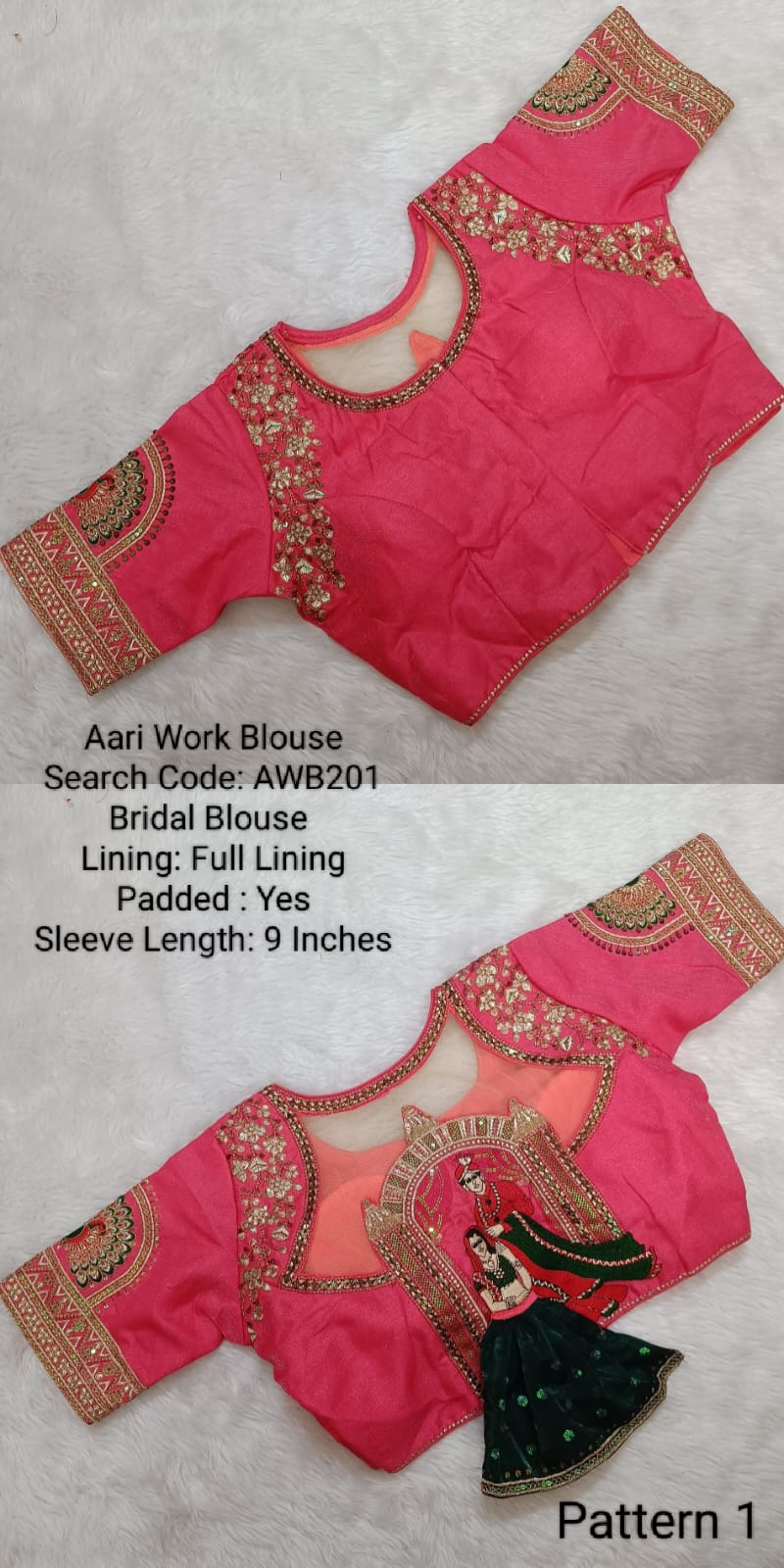 Pink Silk Cotton Aari work Round Neck Bridal Blouse - AWB201