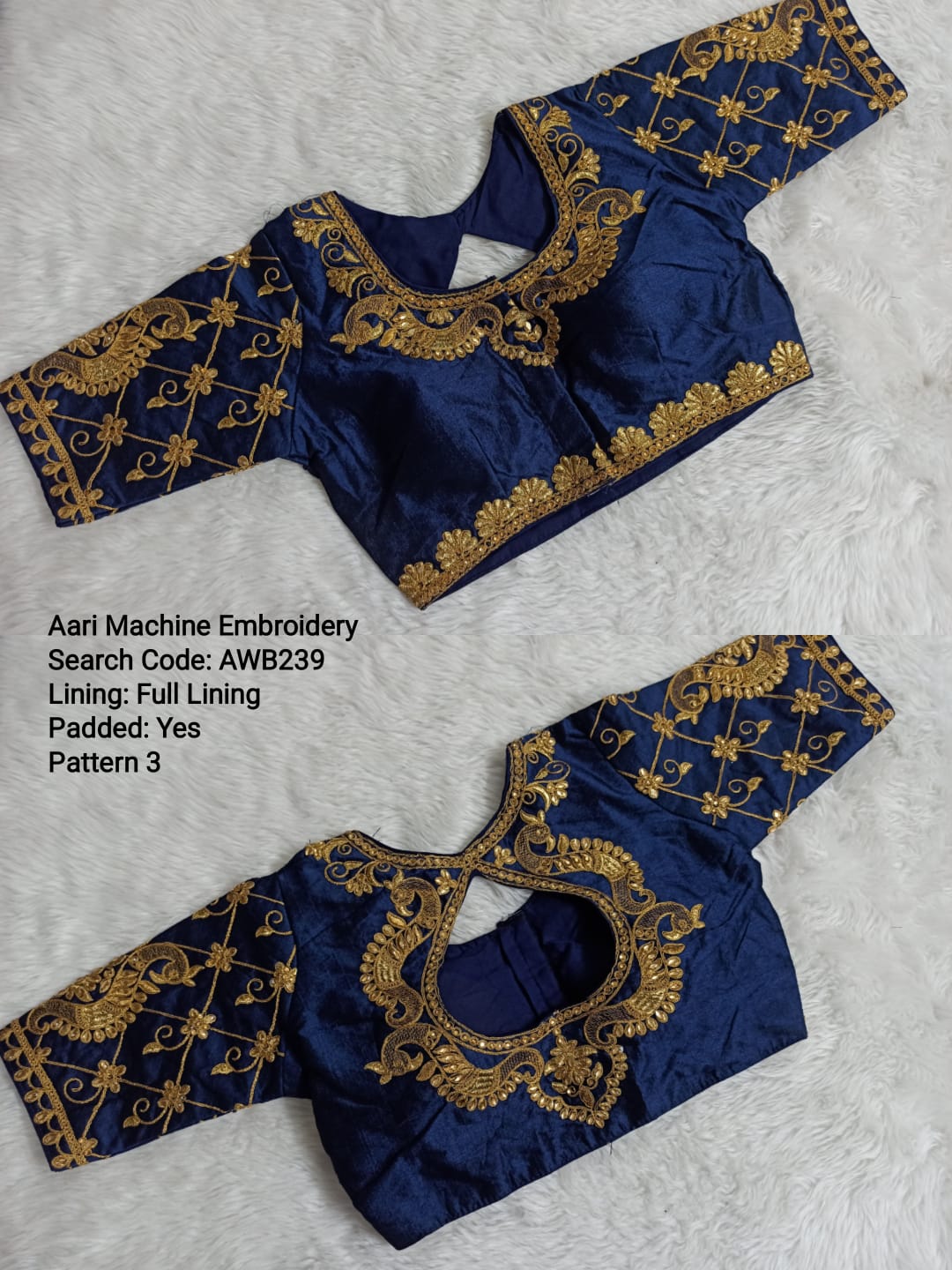 Navy Blue Silk Cotton Aari work Machine Embroidery Bridal Blouse - AWB239