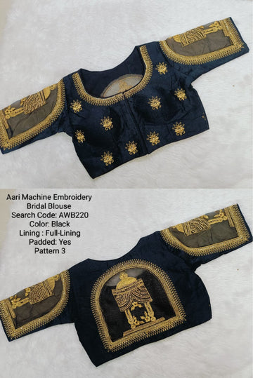 Black Silk Cotton Aari work Machine Embroidery Bridal Blouse - AWB220